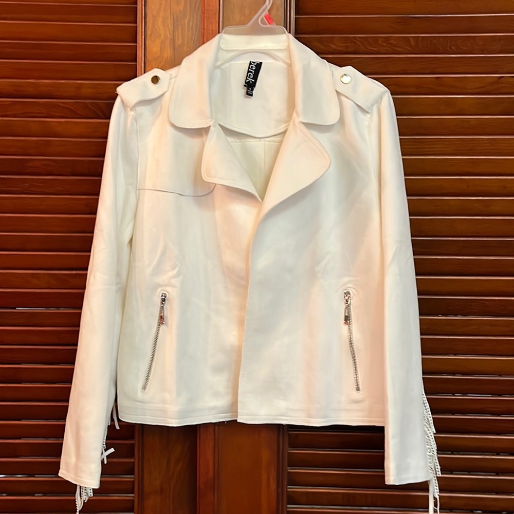 Off White Faux Suede Fringe Jacket with Sparkle Stud embellishments.